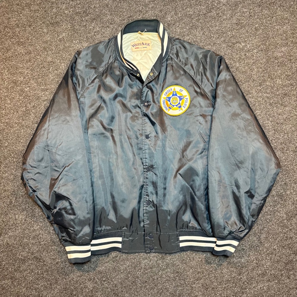 Westark Mens Fraternal Order of Police Satin Bomber Jacket Navy Blue XL